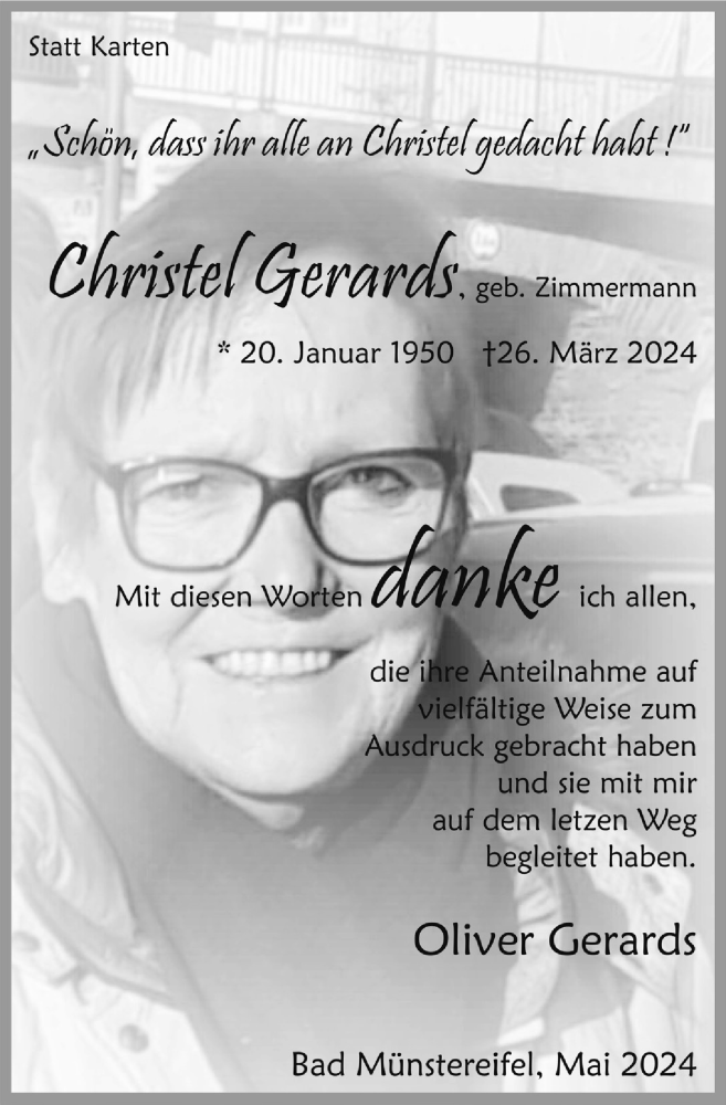  Traueranzeige für Christel Gerards vom 11.05.2024 aus  Blickpunkt Euskirchen 