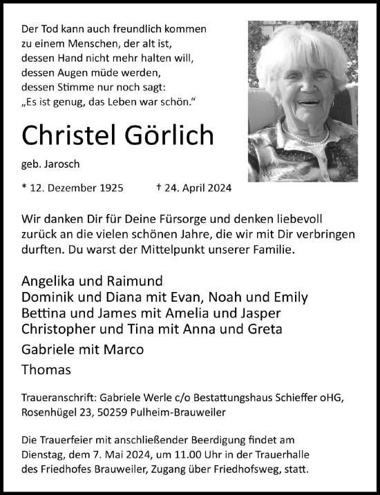 Anzeige von Christel Görlich von  Wochenende 