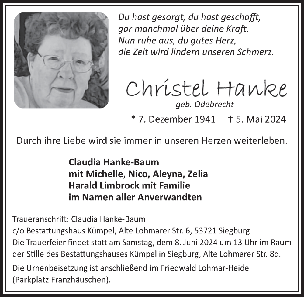  Traueranzeige für Christel Hanke vom 17.05.2024 aus  Extra Blatt 