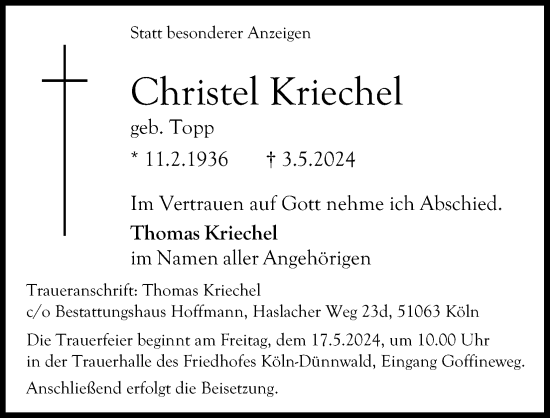 Anzeige von Christel Kriechel von Kölner Stadt-Anzeiger / Kölnische Rundschau / Express