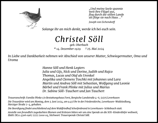 Anzeige von Christel Söll von Kölner Stadt-Anzeiger / Kölnische Rundschau / Express