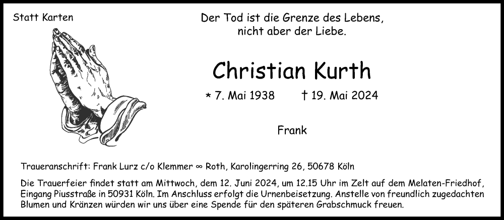  Traueranzeige für Christian Kurth vom 29.05.2024 aus Kölner Stadt-Anzeiger / Kölnische Rundschau / Express