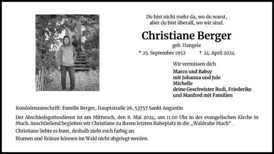 Anzeige von Christiane Berger von Kölner Stadt-Anzeiger / Kölnische Rundschau / Express