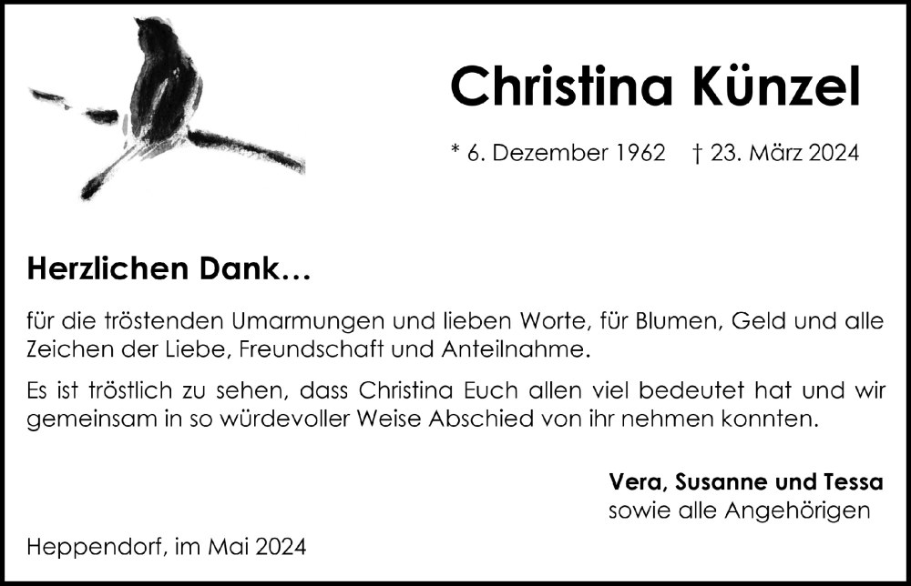  Traueranzeige für Christina Künzel vom 10.05.2024 aus  Werbepost 
