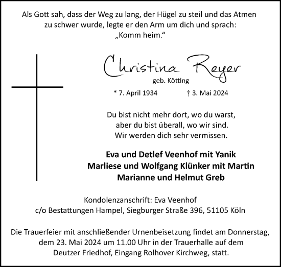 Anzeige von Christina Reyer von Kölner Stadt-Anzeiger / Kölnische Rundschau / Express