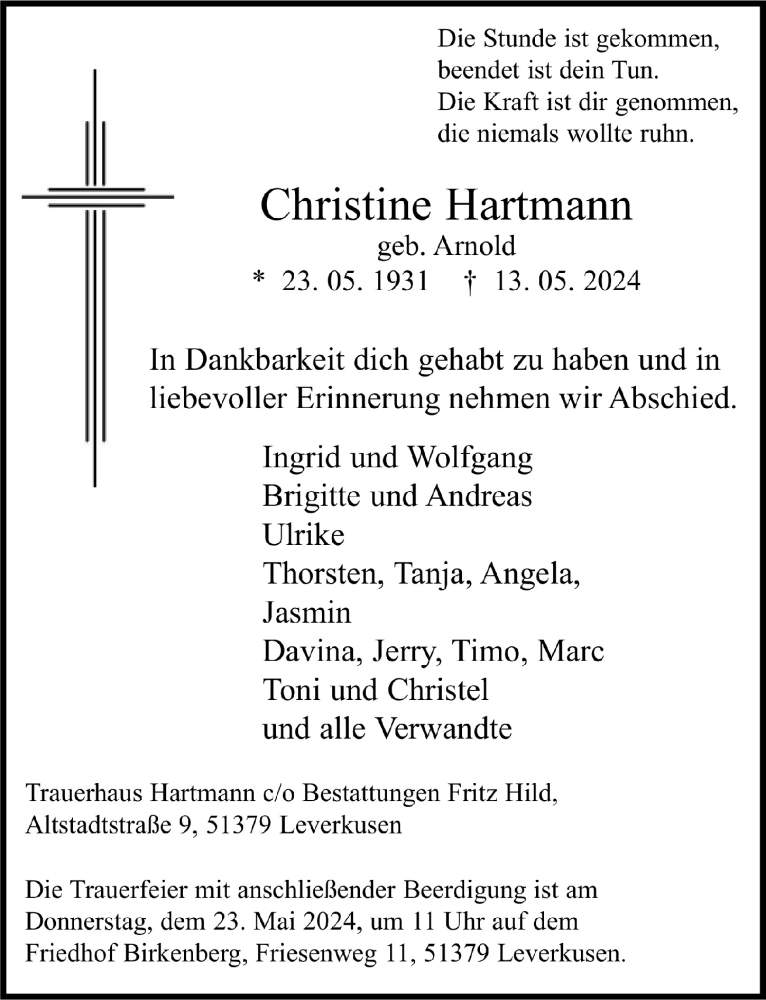  Traueranzeige für Christine Hartmann vom 17.05.2024 aus  Lokale Informationen 