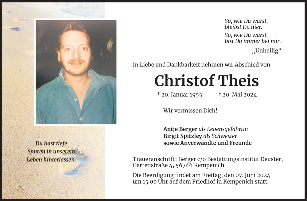  Traueranzeige für Christof Theis vom 01.06.2024 aus Kölner Stadt-Anzeiger / Kölnische Rundschau / Express