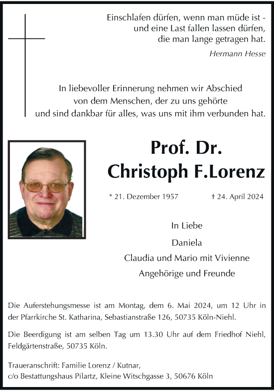 Anzeige von Christoph F. Lorenz von Kölner Stadt-Anzeiger / Kölnische Rundschau / Express