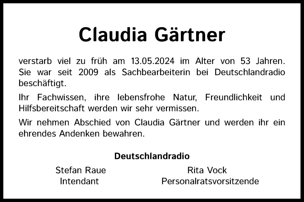  Traueranzeige für Claudia Gärtner vom 18.05.2024 aus Kölner Stadt-Anzeiger / Kölnische Rundschau / Express