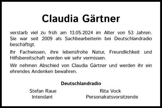 Anzeige von Claudia Gärtner von Kölner Stadt-Anzeiger / Kölnische Rundschau / Express