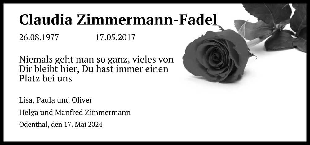 Traueranzeige für Claudia Zimmermann-Fadel vom 18.07.2023 aus Kölner Stadt-Anzeiger / Kölnische Rundschau / Express
