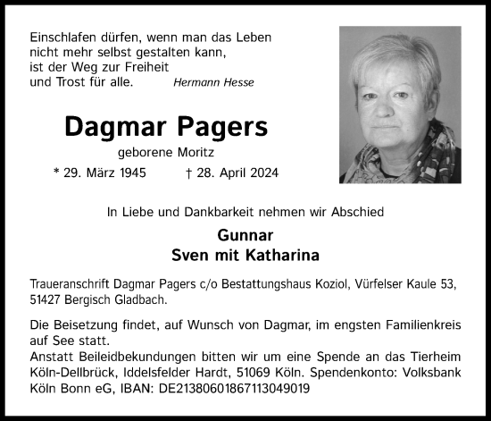 Anzeige von Dagmar Pagers von Kölner Stadt-Anzeiger / Kölnische Rundschau / Express