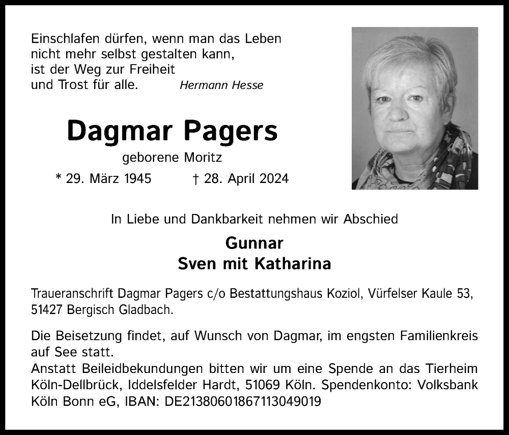  Traueranzeige für Dagmar Pagers vom 11.05.2024 aus Kölner Stadt-Anzeiger / Kölnische Rundschau / Express