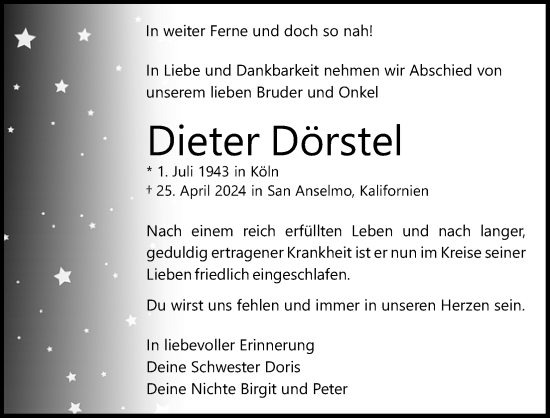 Anzeige von Dieter Dörstel von Kölner Stadt-Anzeiger / Kölnische Rundschau / Express
