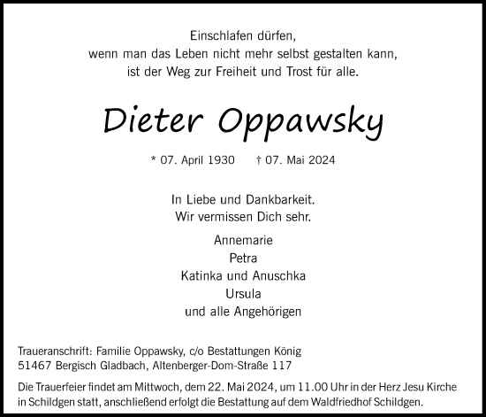 Anzeige von Dieter Oppawsky von Kölner Stadt-Anzeiger / Kölnische Rundschau / Express