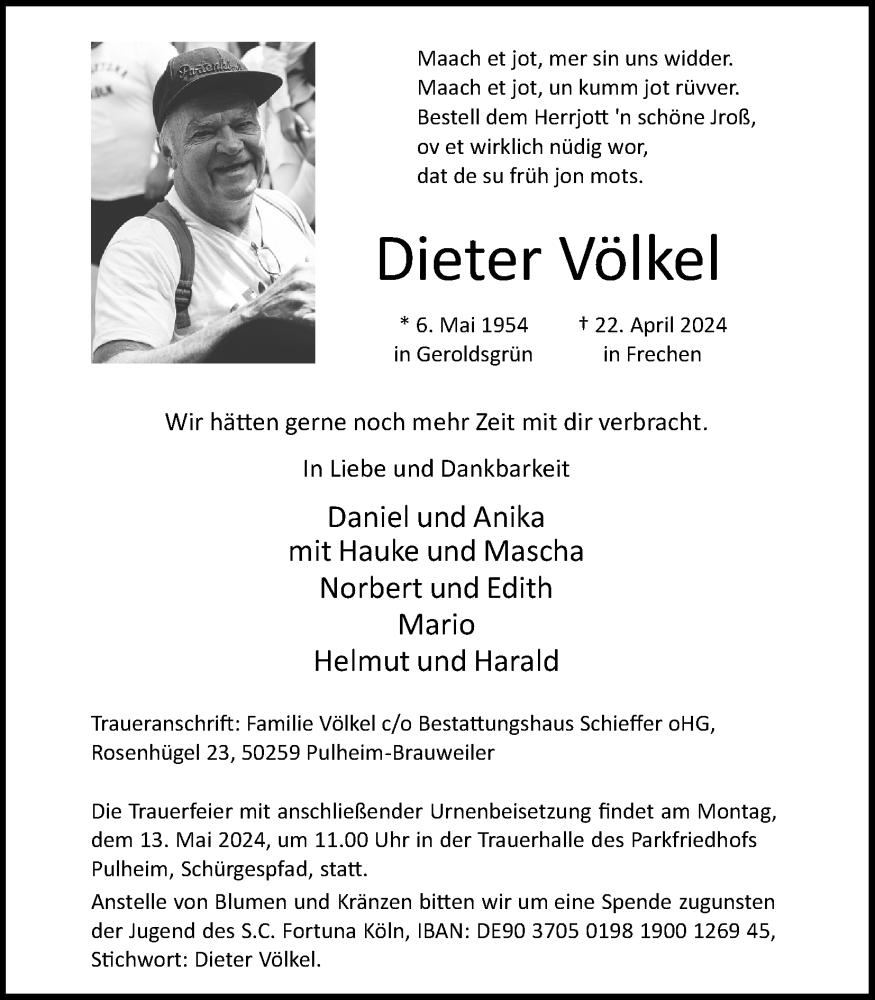  Traueranzeige für Dieter Völkel vom 04.05.2024 aus Kölner Stadt-Anzeiger / Kölnische Rundschau / Express