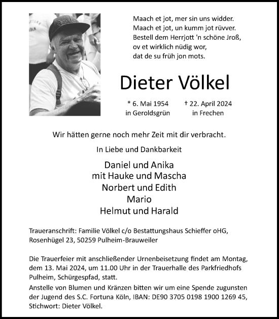 Anzeige von Dieter Völkel von Kölner Stadt-Anzeiger / Kölnische Rundschau / Express