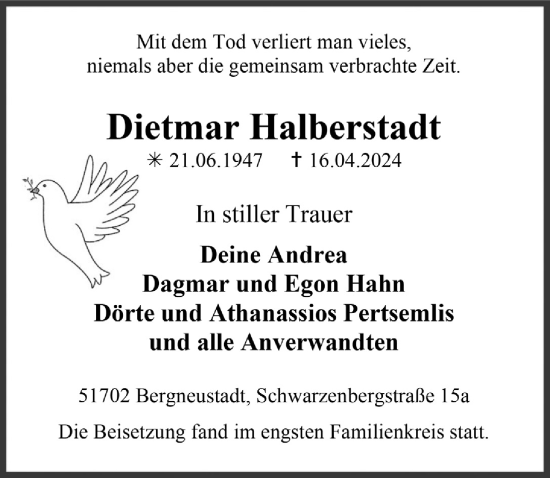 Anzeige von Dietmar Halberstadt von  Anzeigen Echo 