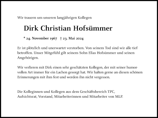 Anzeige von Dirk Christian Hofsümmer von Kölner Stadt-Anzeiger / Kölnische Rundschau / Express