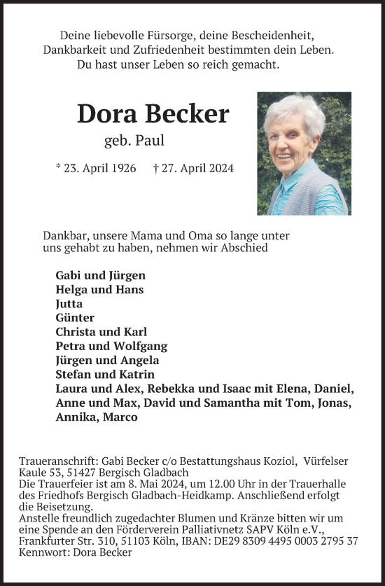 Anzeige von Dora Becker von Kölner Stadt-Anzeiger / Kölnische Rundschau / Express