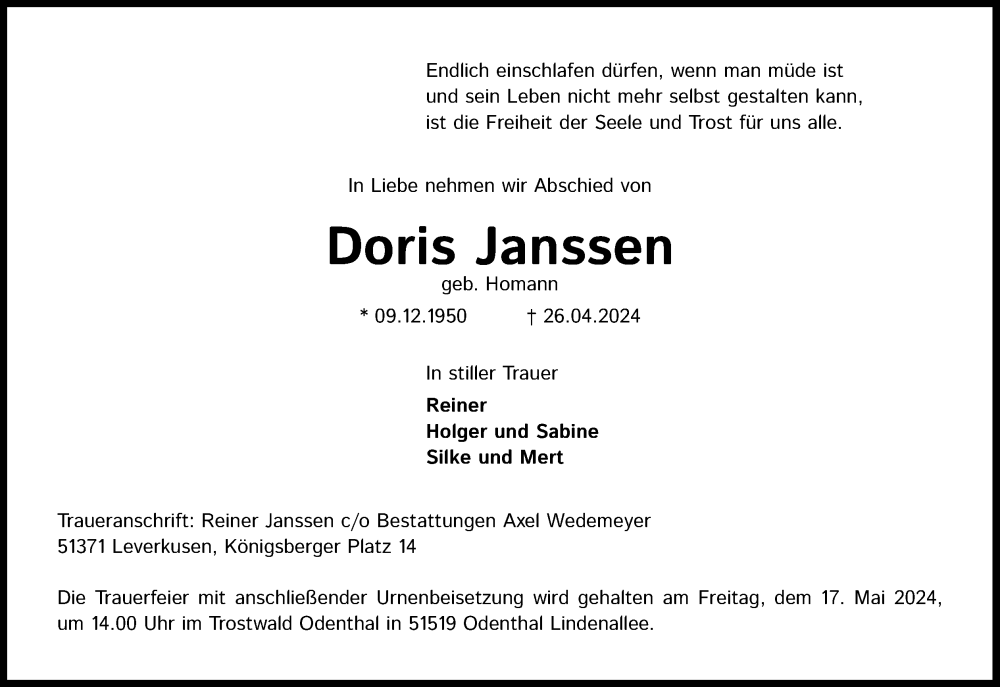  Traueranzeige für Doris Janssen vom 04.05.2024 aus Kölner Stadt-Anzeiger / Kölnische Rundschau / Express