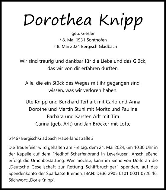 Anzeige von Dorothea Knipp von Kölner Stadt-Anzeiger / Kölnische Rundschau / Express