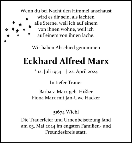Anzeige von Eckhard Alfred Marx von  Anzeigen Echo 