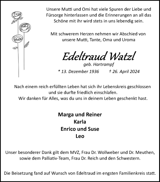 Anzeige von Edeltraud Watzl von Kölner Stadt-Anzeiger / Kölnische Rundschau / Express