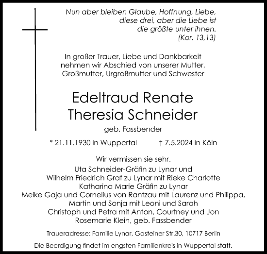 Anzeige von Edeltraud Renate Theresia Schneider von Kölner Stadt-Anzeiger / Kölnische Rundschau / Express