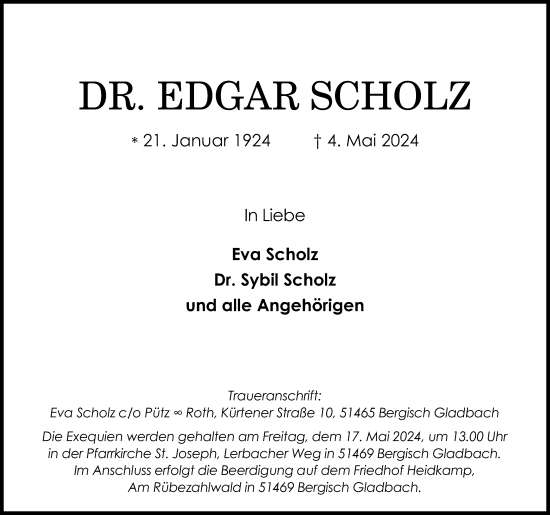 Anzeige von Edgar Scholz von Kölner Stadt-Anzeiger / Kölnische Rundschau / Express