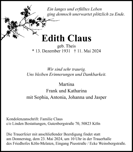 Anzeige von Edith Claus von Kölner Stadt-Anzeiger / Kölnische Rundschau / Express