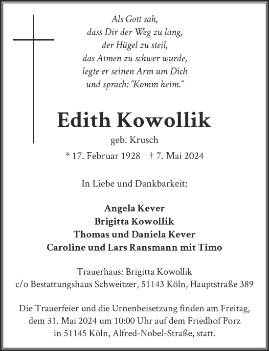 Anzeige von Edith Kowollik von  EXPRESS - Die Woche 