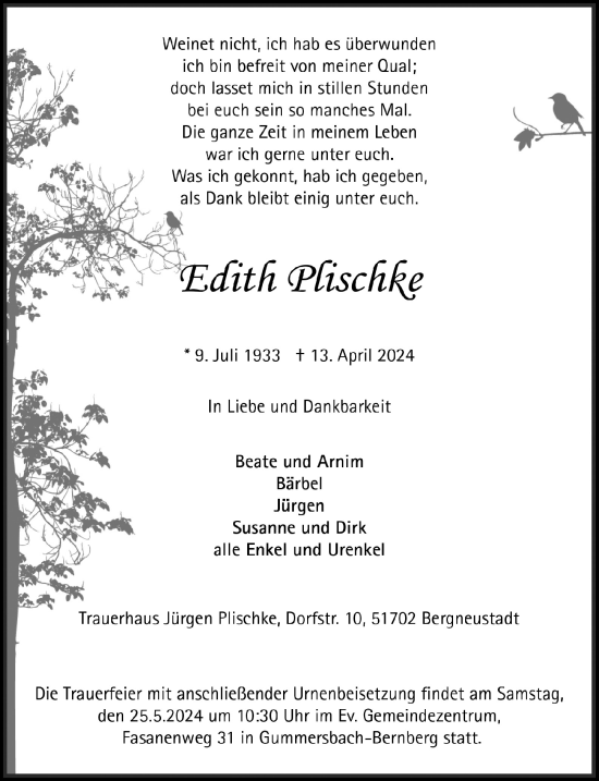 Anzeige von Edith Plischke von  Anzeigen Echo 
