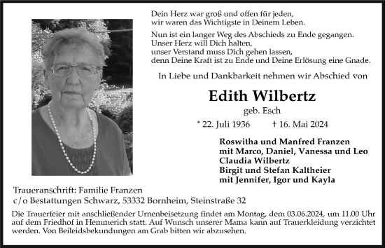 Anzeige von Edith Wilbertz von  Schaufenster/Blickpunkt 