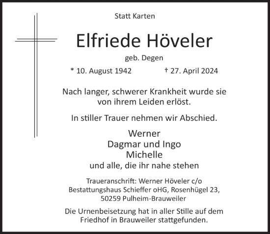 Anzeige von Elfriede Höveler von  Wochenende 
