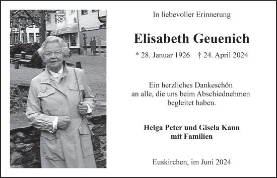 Anzeige von Elisabeth Geuenich von  Blickpunkt Euskirchen 