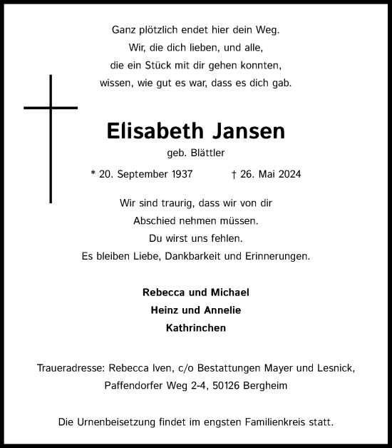 Anzeige von Elisabeth Jansen von Kölner Stadt-Anzeiger / Kölnische Rundschau / Express