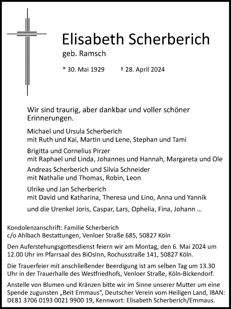  Traueranzeige für Elisabeth Scherberich vom 04.05.2024 aus Kölner Stadt-Anzeiger / Kölnische Rundschau / Express