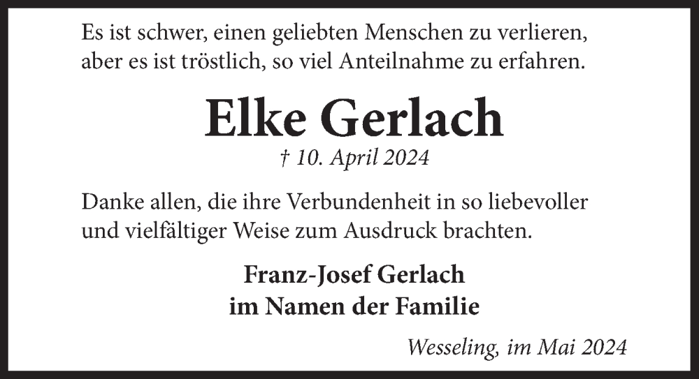  Traueranzeige für Elke Gerlach vom 17.05.2024 aus  Schlossbote/Werbekurier 