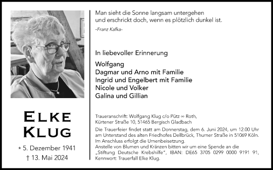 Anzeige von Elke Klug von Kölner Stadt-Anzeiger / Kölnische Rundschau / Express