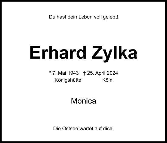 Anzeige von Erhard Zylka von Kölner Stadt-Anzeiger / Kölnische Rundschau / Express