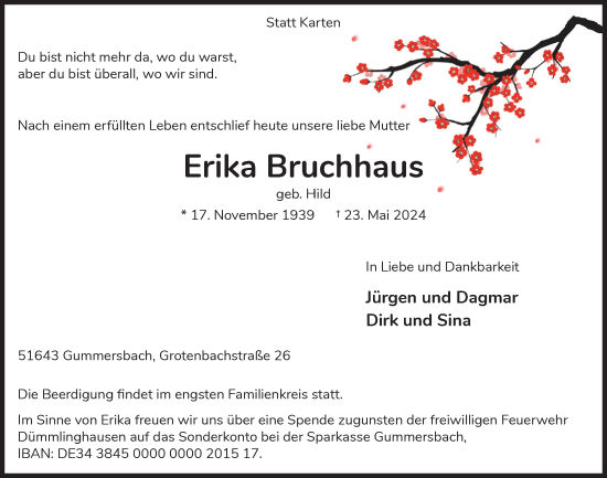 Anzeige von Erika Bruchhaus von  Anzeigen Echo 