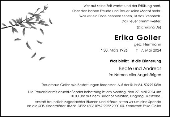 Anzeige von Erika Goller von Kölner Stadt-Anzeiger / Kölnische Rundschau / Express