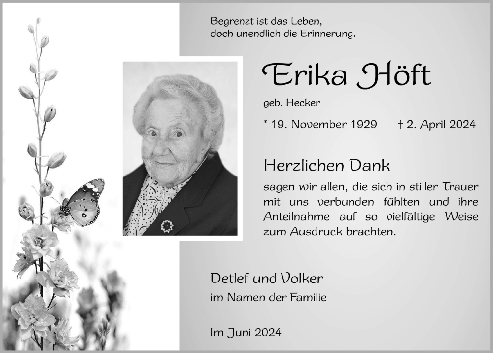  Traueranzeige für Erika Höft vom 01.06.2024 aus  Blickpunkt Euskirchen 
