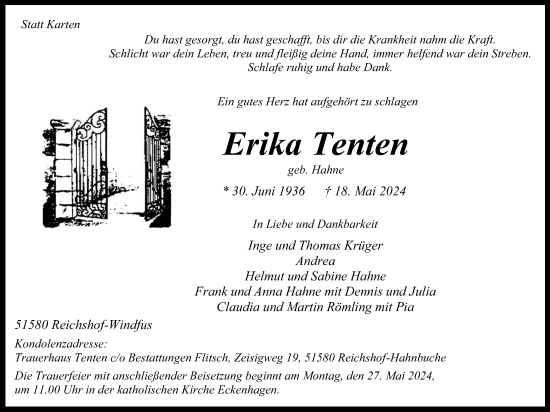 Anzeige von Erika Tenten von Kölner Stadt-Anzeiger / Kölnische Rundschau / Express