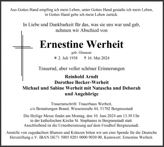 Anzeige von Ernestine Werheit von  Anzeigen Echo 