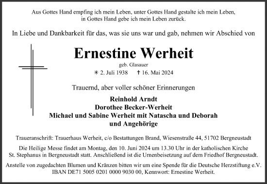 Anzeige von Ernestine Werheit von Kölner Stadt-Anzeiger / Kölnische Rundschau / Express