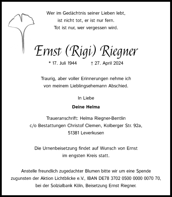 Anzeige von Ernst Riegner von Kölner Stadt-Anzeiger / Kölnische Rundschau / Express