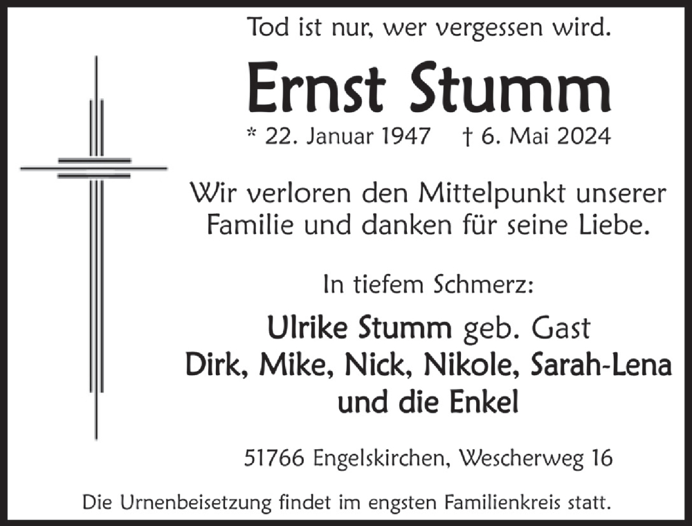  Traueranzeige für Ernst Stumm vom 10.05.2024 aus  Anzeigen Echo 