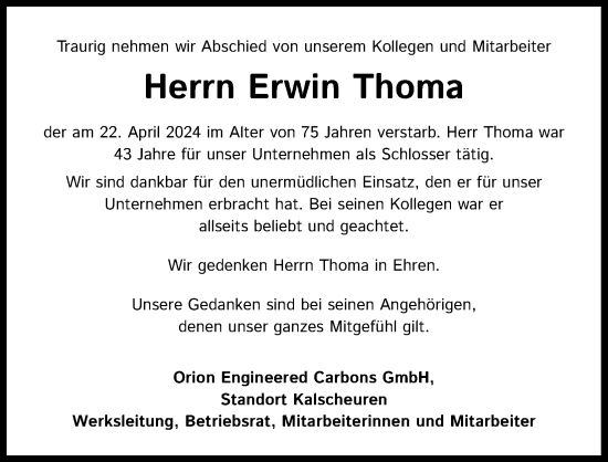 Anzeige von Erwin Thoma von Kölner Stadt-Anzeiger / Kölnische Rundschau / Express